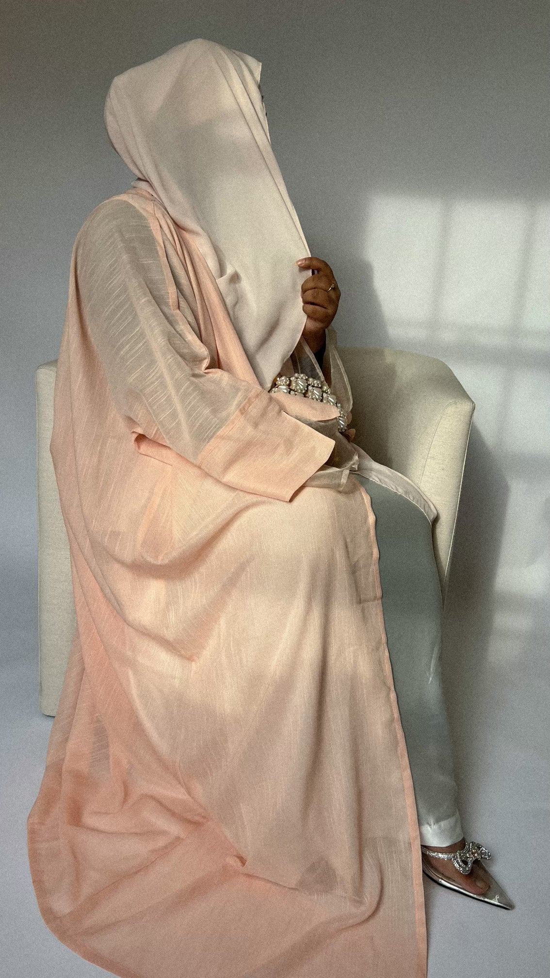 Muslin Sleeve Open Abaya in Peach